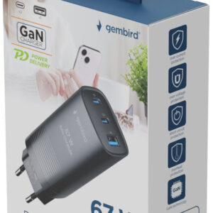 Telefon töltő 67W  1xUSB + 2xUSB-C Gembird GaN TA-UC-PDQC65-01-BK
